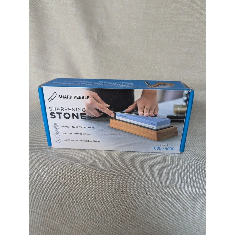 Sharp Pebble Whetstone Knife Sharpener Blue NIB 1000/6000 Dual Grit Bamboo Base